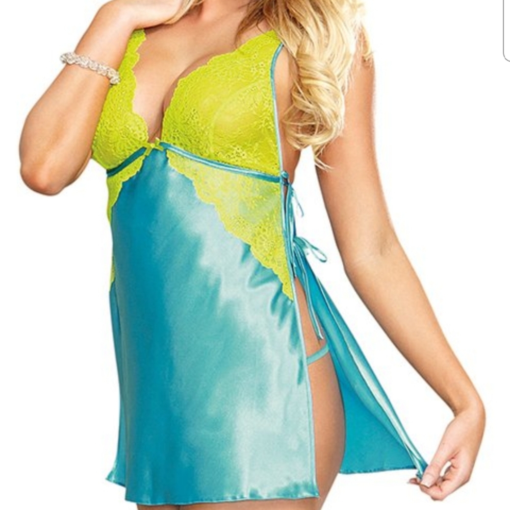 💕Turquoise & Lime chemise & G-string💕